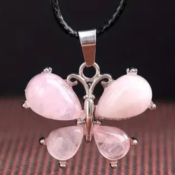 Rose Quartz Natural Stone Cute Butterfly Pendant Necklace Gemstone Pendant - Picture 1 of 2